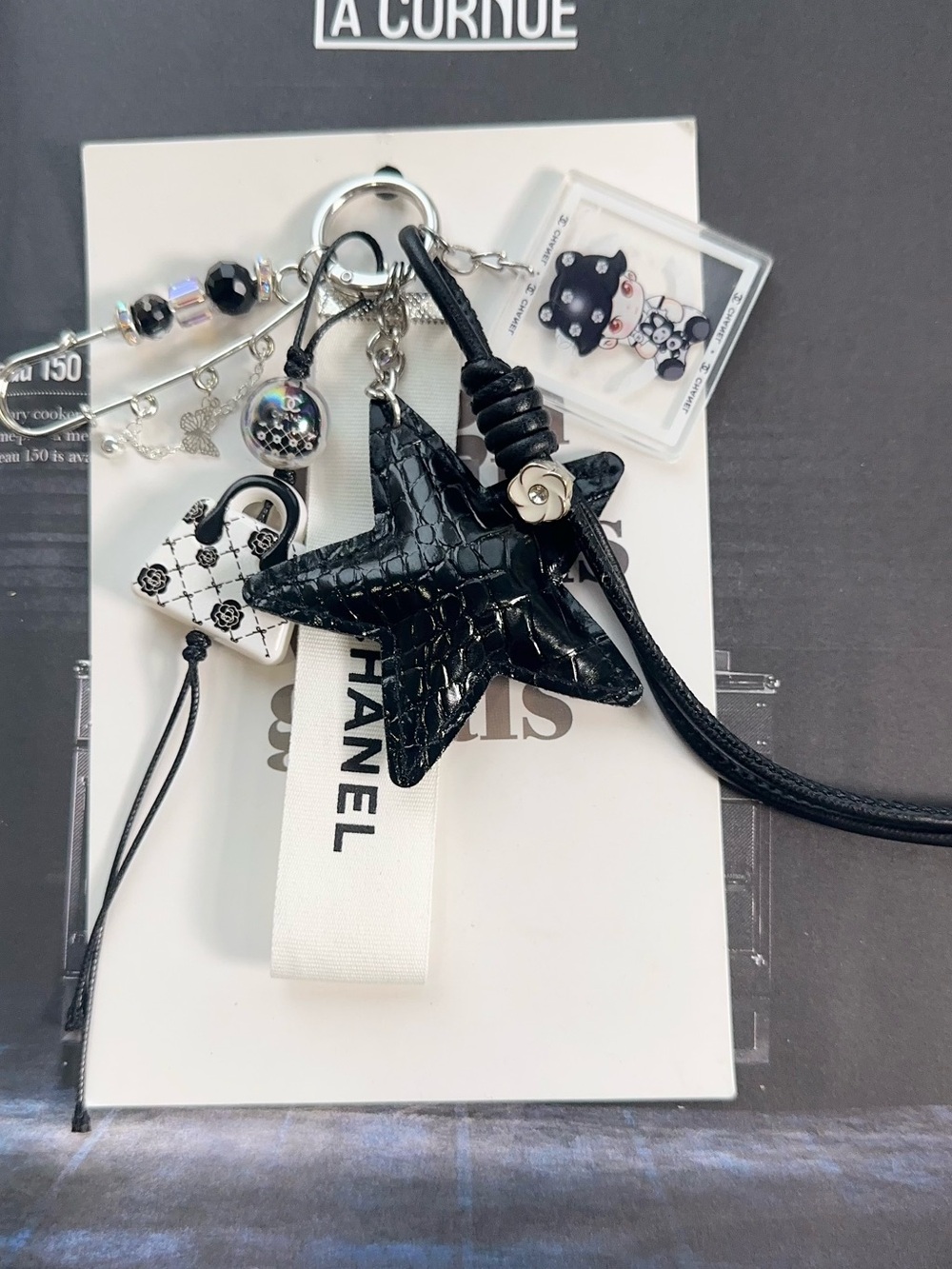 Authentic CC Ribbon with Black Star Pin Bag Charm Keychain
